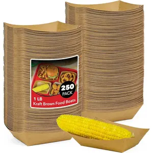 [250 Pack] Medium Disposable Brown Kraft Paper Food Trays, 1-Lb Concession Tray, Serving Boats for Party Snacks, Taco Bar, Seafood, Nachos Plates