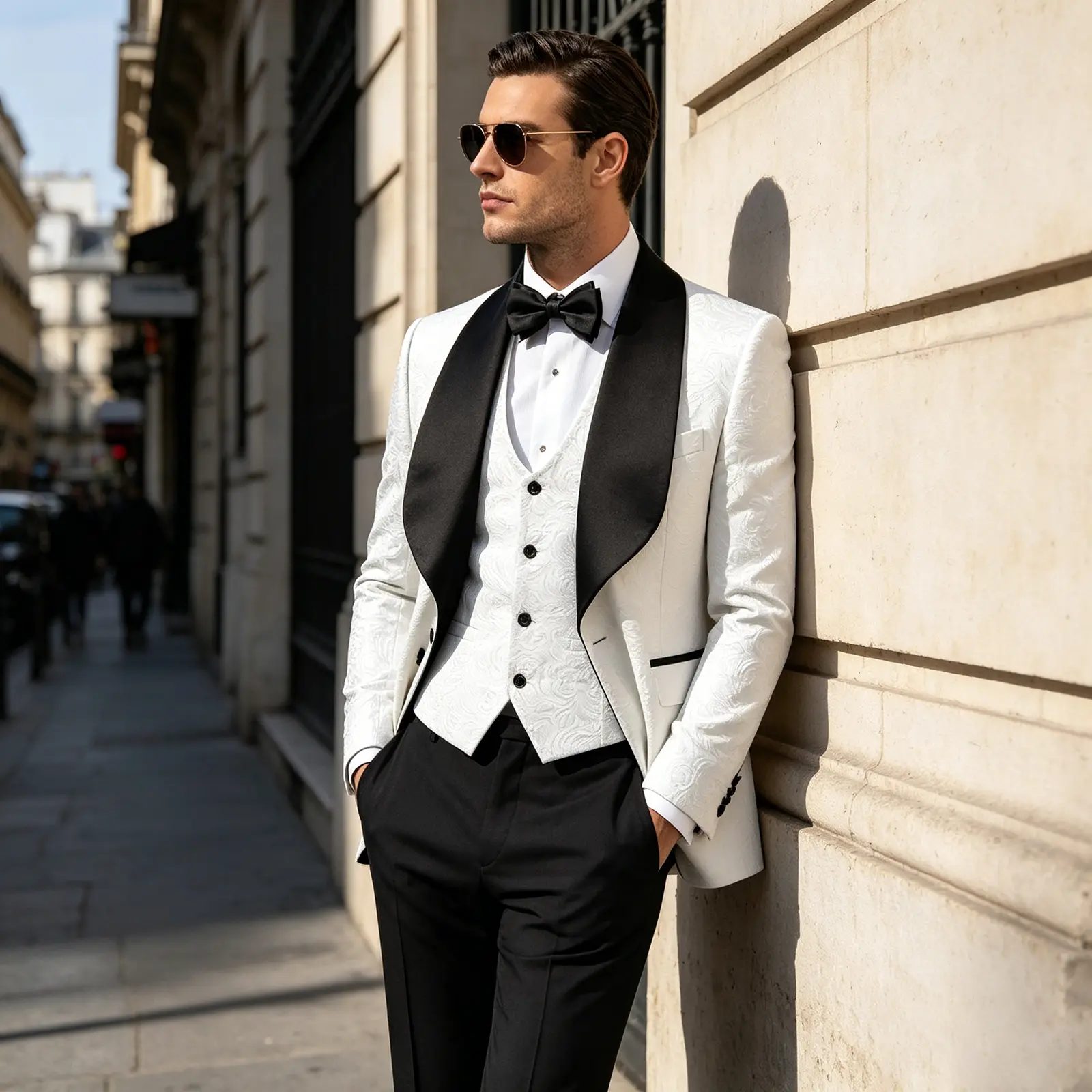 Men’s 3 Piece Paisley Jacquard Tuxedo Suit Set, Shawl Lapel Blazer Vest & Black Pants, Formal Wedding Prom Outfit