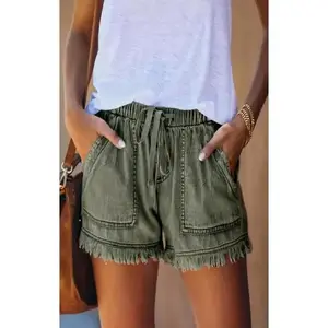 Women's Denim Casual High-Waisted Jean Shorts - Loose, Plus-Size White Bottoms with Tassels, Drawstring Elastic Waist, and Pockets, Denim Casual Shorts