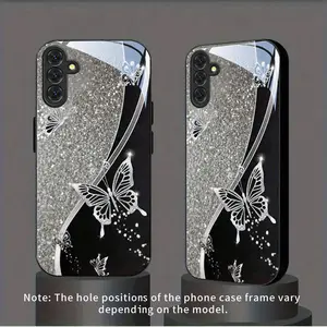 Phone Case - Silver Butterfly Glitter Black Silver Pattern New Black Phone Case Tempered Glass for Samsung Galaxy S26 S25 S24 S23 S22Pro S21 S20 Fe Plus Ultra Pro A56 A55 A54 A53 A52 A51 A36 A35 A34 A32 A26 A25 A24 A23 A16 A15 A14 A06 A05 A03s
