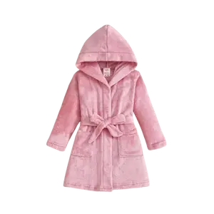 Kids Fashionable Hooded Fleece Robe with Pockets, Comfortable Long Sleeve Bathrobe with Belt, Soft and Stylish Boys and Girls Aged 4-13 Winter Pastel Cute Pajamas