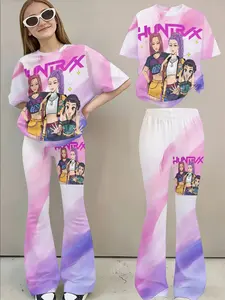Trendy 3D Gradient Set, Sweet Girl Cartoon Print Short Sleeve Bell Pants, Casual Streetwear Fashion