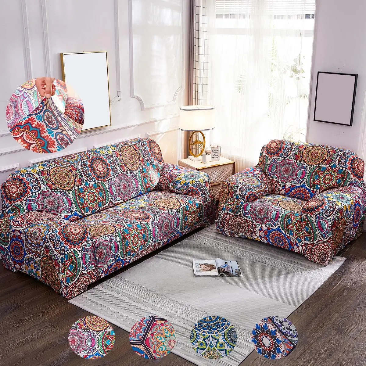 Boho Style Geometric Pattern Sofa Cover, 1 Count Colorful Elastic Sofa Slipcover, Fashion Sofa Protector for Home Living Room, Sofa Protector for Different Size Sofa, Elastic Furniture Protector, Fashion Couch Protector