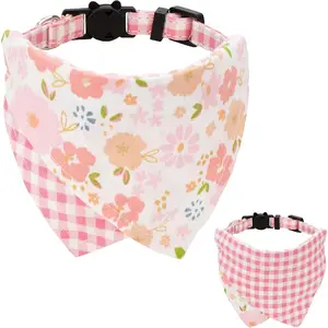 Cat Collar with Bandana Detachable Tie Scarf Two-Sided Floral Flower Plaid Bell Safety 7-11in Pink