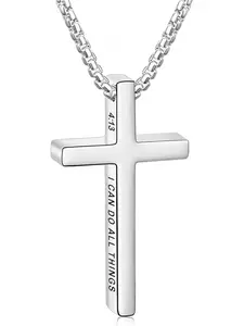 Easter Basket Stuffers -316L Stainless Steel Bible Verse Cross Necklace Religious Gifts for Men Kids Teen Boys, Silver/Gold/Black Sturdy Box Chain with Inspirational Cross Pendant 18+2Inch