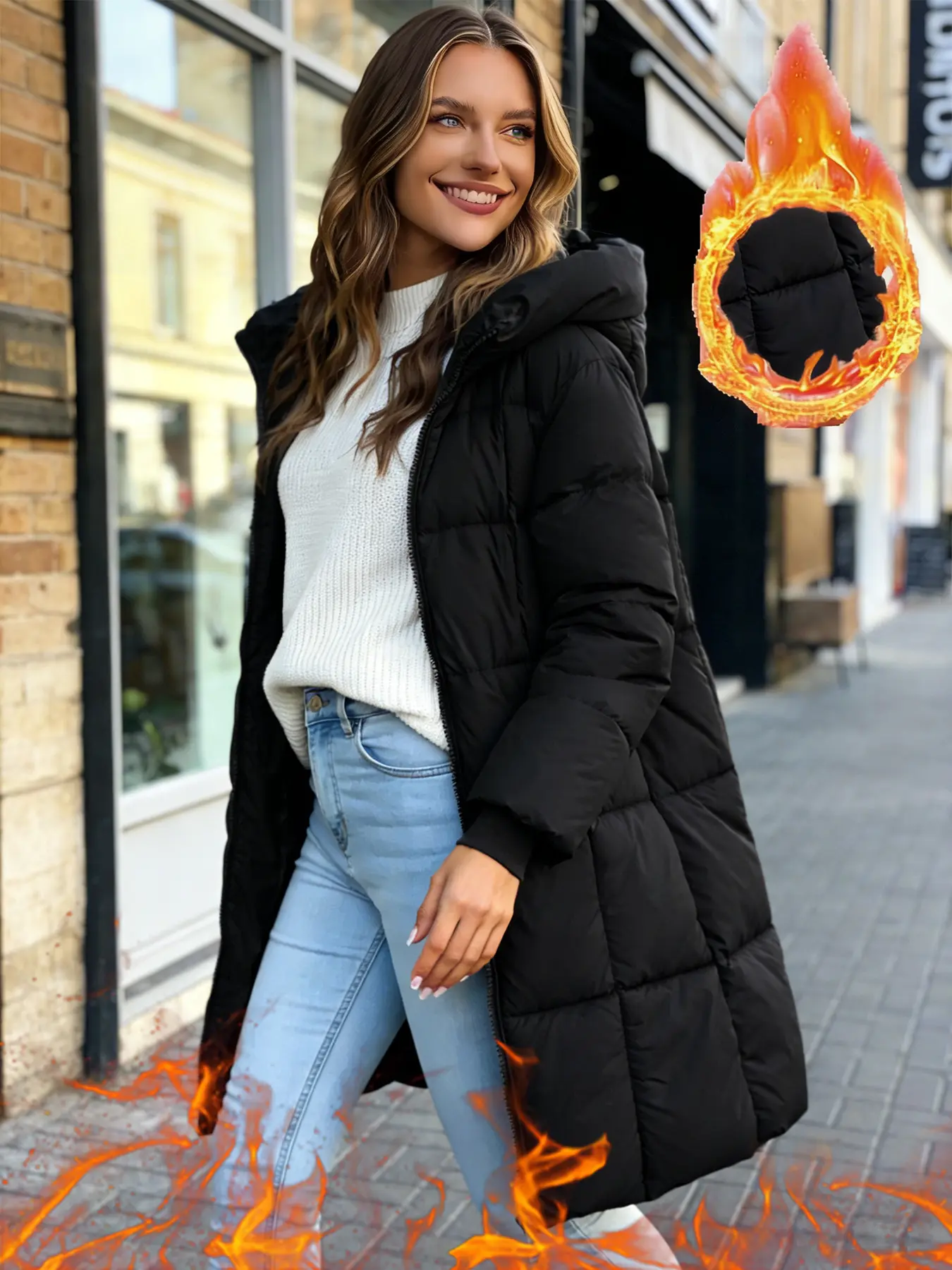 Women's Slim-Fit Puffer Coat, Thick Solid Color Hooded Winter Jacket with Long Sleeves, Elegant Mid-Length Cotton-Padded Outerwear