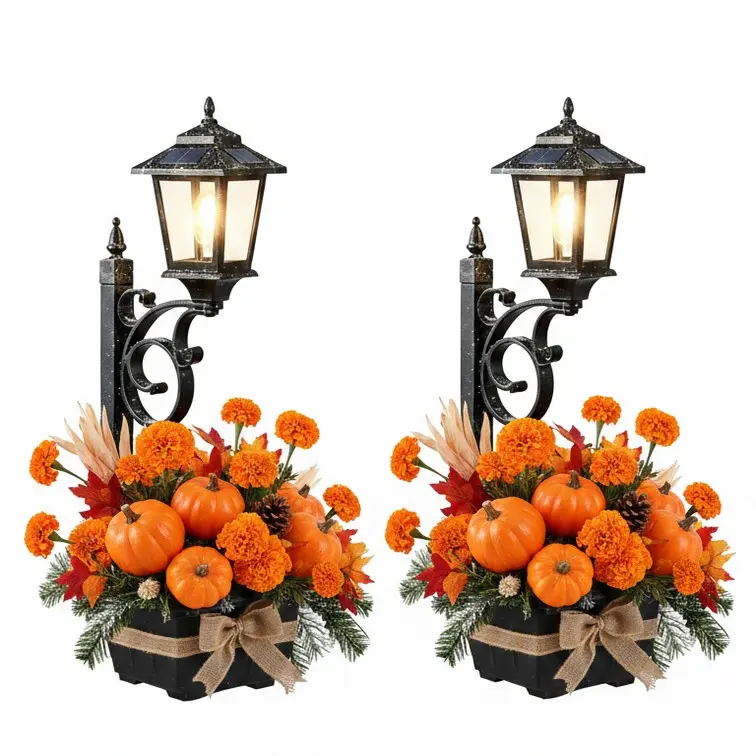HOODINK 2-Pcs Solar Powered Waterproof Post Lamp with Plastic Glass Planter - Auto-Off 2-in-1 Black Outdoor Light for Porch, Front Door Home Improvement Lighting