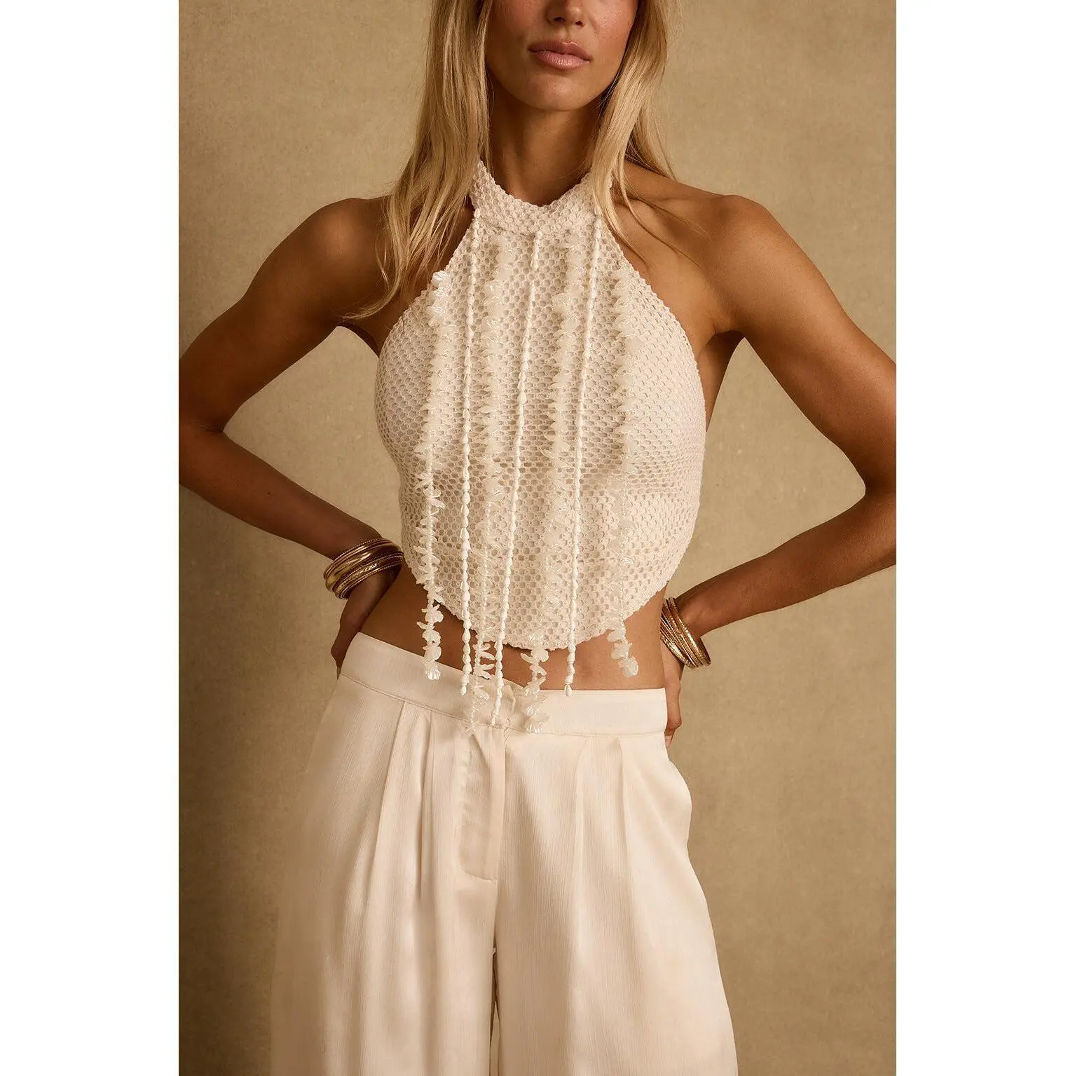 12th Tribe Women's Sleeveless, Crochet, Comfortable, Stretchy Ivory Shell-Embellished Halter Top