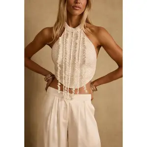 12th Tribe Women's Sleeveless, Crochet, Comfortable, Stretchy Ivory Shell-Embellished Halter Top