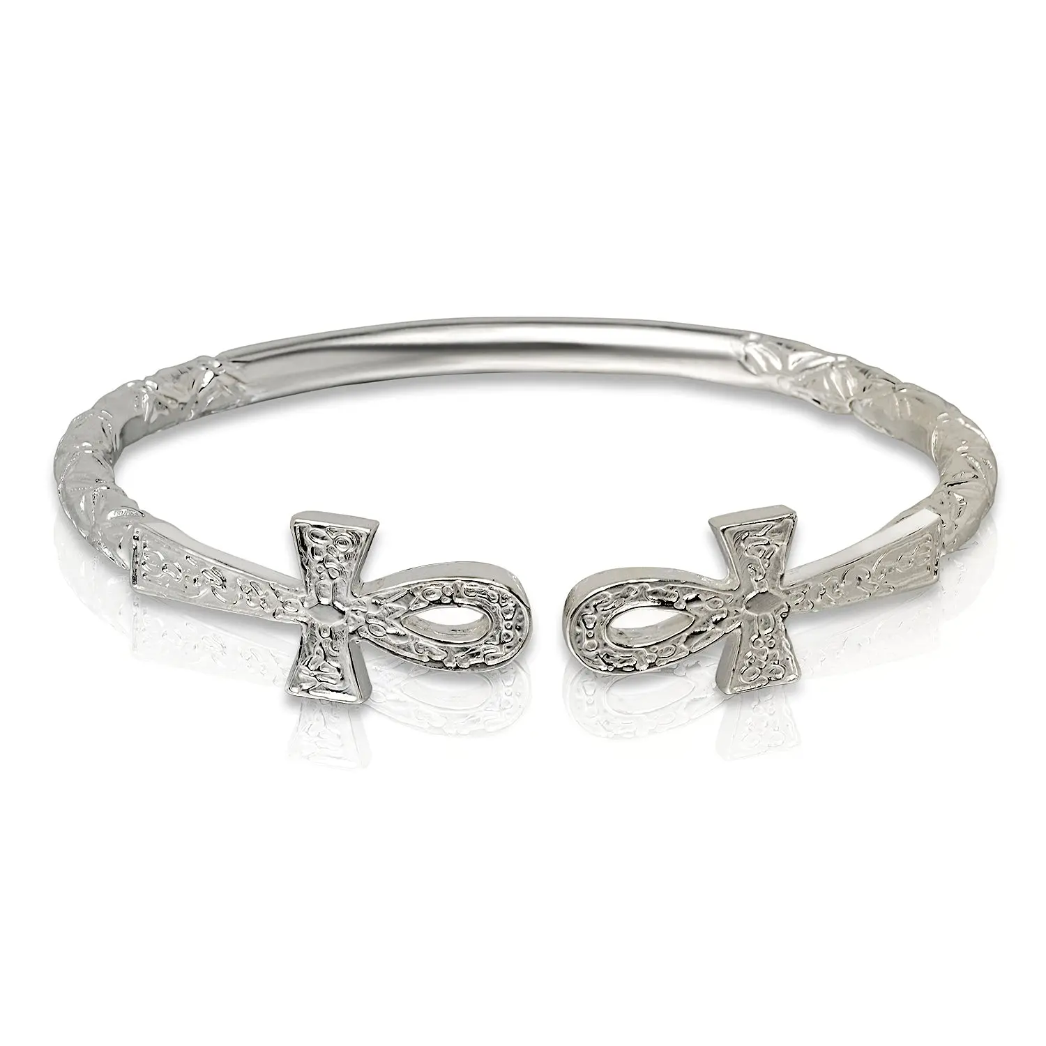 Better Jewelry .925 Solid West Indian Silver Bangle, Tribal Look Jewelry with Large Ankh Ends, 1-Piece Accessory