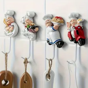 4pcs Chef Doll Wall Decoration Hook, Fat Chef Kitchen Decor, Resin Wall Hook, Sticky Hook for Home, Garden, Garage Organization, Wall Mount Compatible