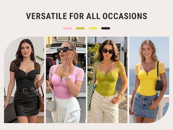 FeelinGirl Women Short Sleeve Bodysuit Tummy Control Shapewear Mesh Ruched One Piece Leotard Shirts Going Out Tops