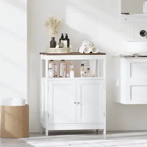 Multifunctional Storage Cabinet with Doors & Adjustable Shelf, Floor Standing Bathroom Kitchen Cupboard, Space Saver for Home – White