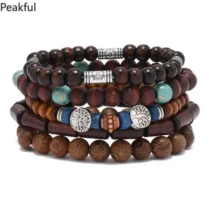 5Pc/set Handmade Wooden Beaded Bracelets Bohemia Punk Casual Women Men Bracelet Set Bangle Wholesale Jewelry Charms Party Gift