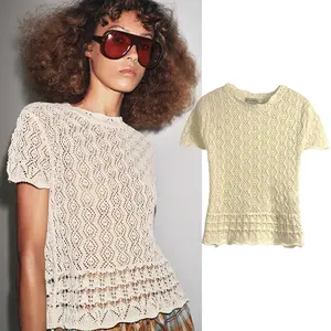 2025 New Autumn Women Knitted Pullover With O-Neck Hollow Out Sexy Sweater Top,Short Sleeve Top Pullover Floral Mesh Crop Top