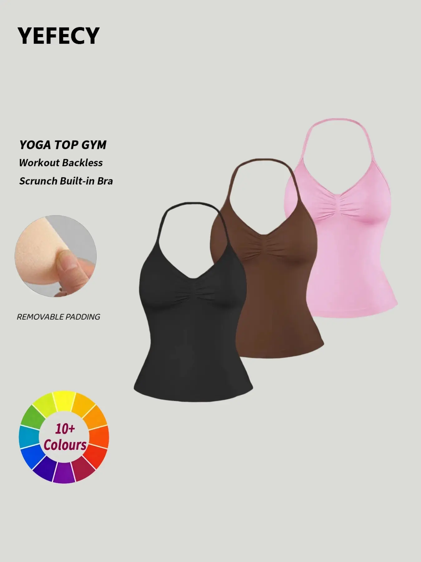 Women's 3-Pack Halter Sports Bras, Detachable Straps & Pads, Fitness Training Clothes, Gym Outdoor Running Yoga Top, Backless Sporty Tank Tops, Strappy Sports Bra, Workout Bra, Exercise Bra