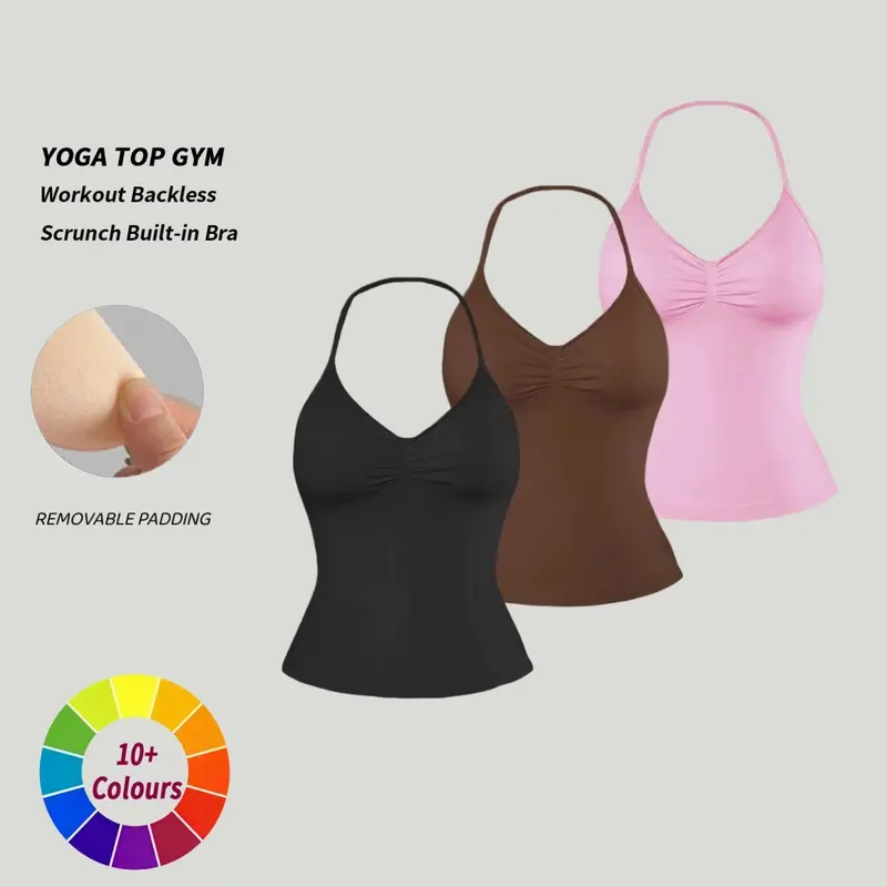 Women's 3-Pack Halter Sports Bras, Detachable Straps & Pads, Fitness Training Clothes, Gym Outdoor Running Yoga Top, Backless Sporty Tank Tops, Strappy Sports Bra, Workout Bra, Exercise Bra