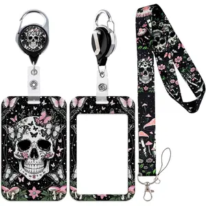 Cool Skull Lanyards for ID Badges, Pink Butterfly Mushroom ID Badge Holder with Lanyard Retractable Badge Holder Reel Clip, Men Women Key Lanyard  Gothic