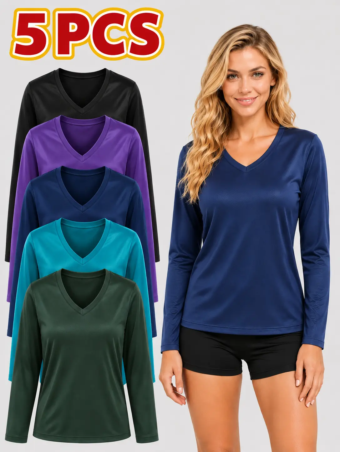 Women’s 5-Piece Lightweight V-Neck Long Sleeve Tops, Fine-Mesh Polyester Knit Relaxed-Fit Casual Wardrobe Set