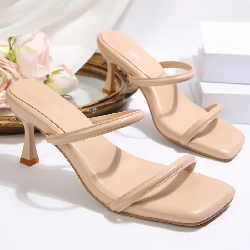 Women's Kitten Heels Sandals Women Two Strap Heels Open Square Toe Heeled Sandal Low Heels for Women Slip on Slide Shoes Summer Vibes