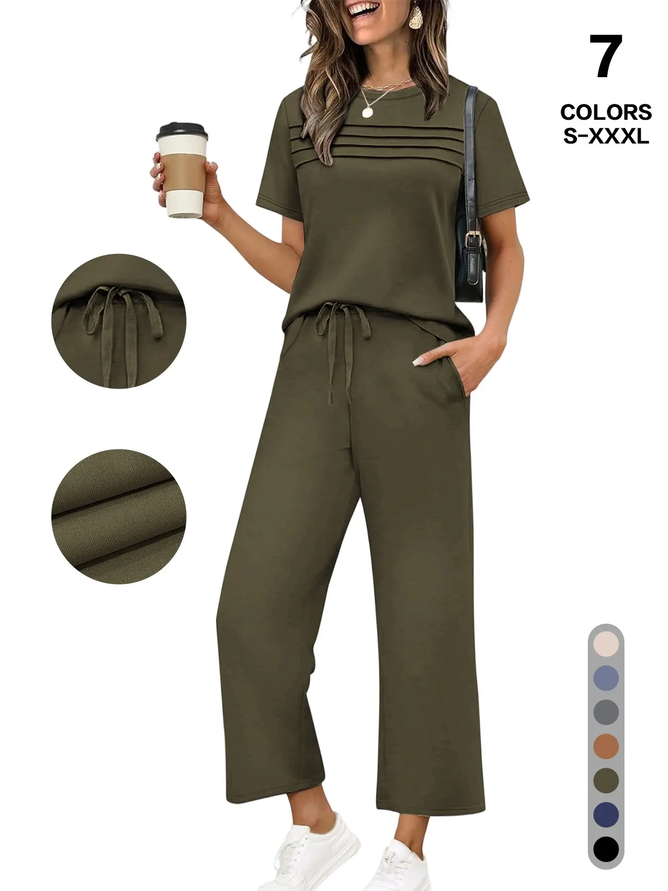 Women's 2-Piece Casual Fit Short Sleeve Pajama Set, Loungewear, Casual Loungewear Outfit, Breathable Top + Drawstring Pants with Pockets, Fashionable for Home & Office