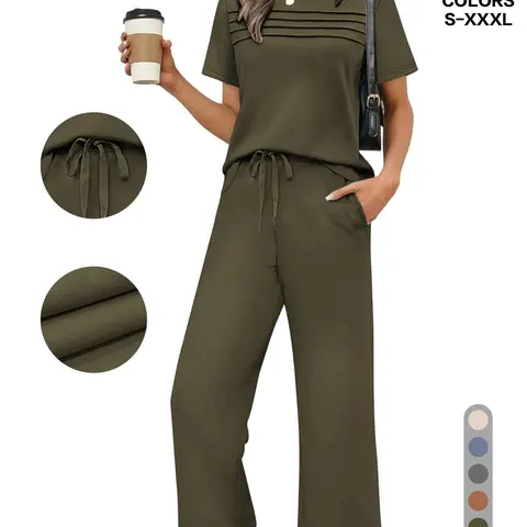 Women's 2-Piece Casual Fit Short Sleeve Pajama Set, Breathable Top and Drawstring Pants with Pockets, Fashionable Loungewear for Home and Office, Sleepwear Pajamas Set