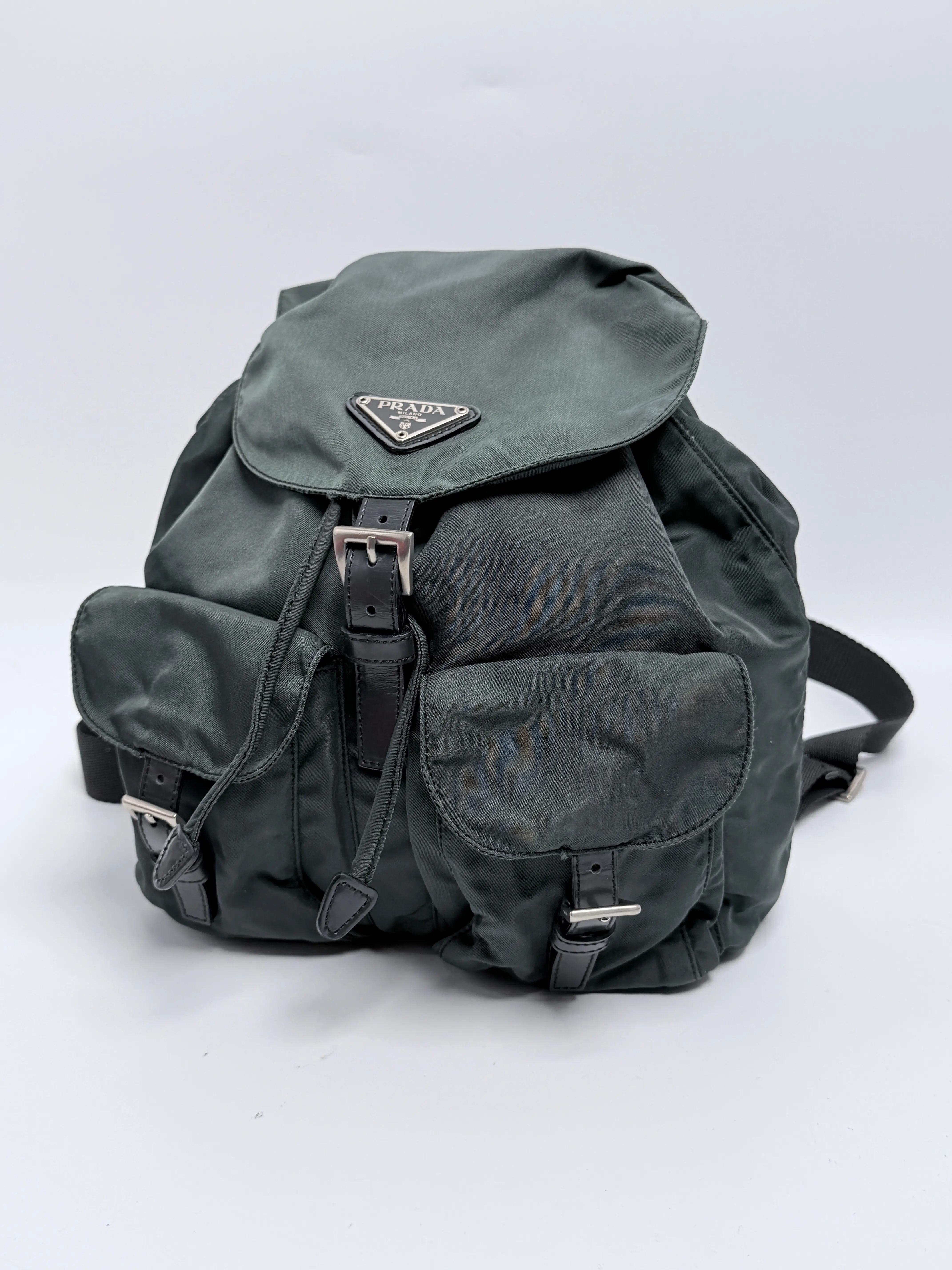 Pre-owned PRADA Nylon Backpacks Vintage Tessuto Vela Small Backpack Double Front Pockets Charcoal Gray ZS029PR