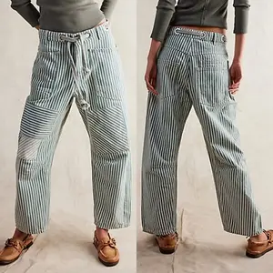 Women Striped Pants, Elastic Waist Drawstring Patchwork Wide Leg Pants Loose Trousers with Pockets