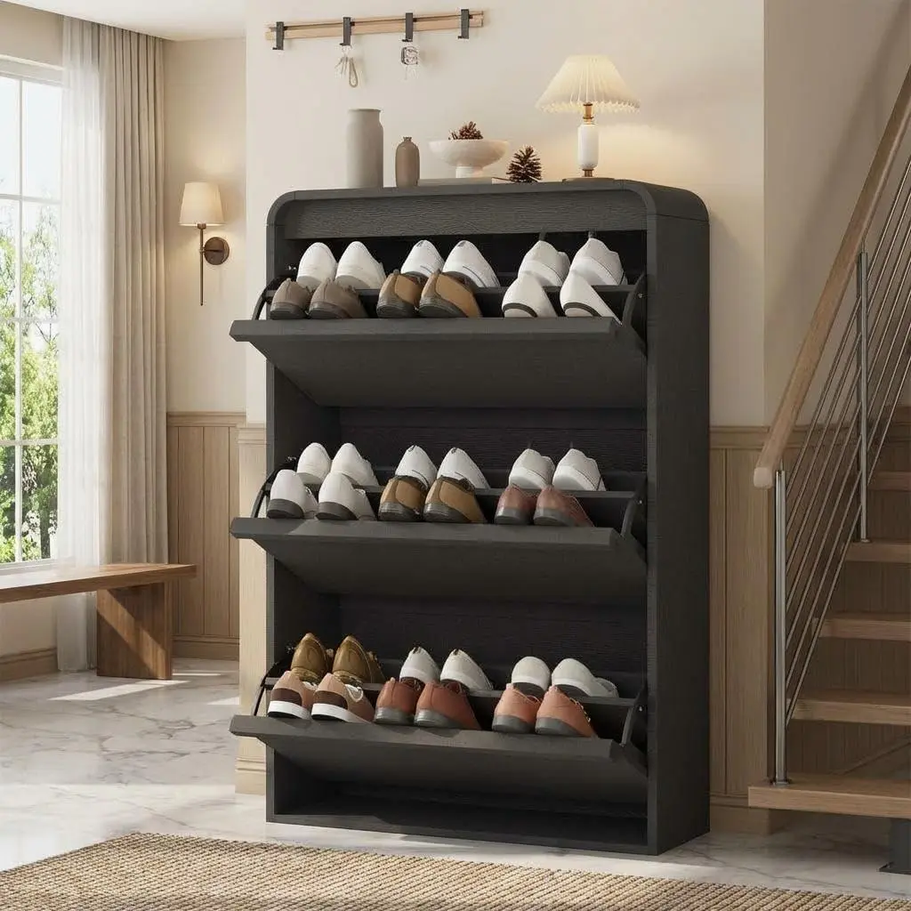 Shoe Cabinet with 3 Flip Drawers, Wooden Shoe Cabinet with Adjustable Shelf, Shoe Storage for Entryway, Hidden Shoe Cabinet for Hallway, Living Room, Black