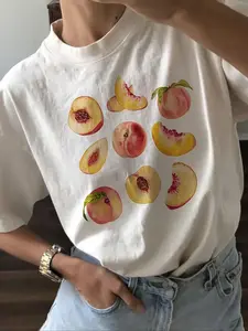 Women's Peach Print Round Neck Graphic Tee, Vintage Trendy Casual Short Sleeve Fitted T-shirt for Daily Wear, Ladies Summer Outfit
