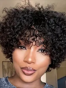 Afro Curly Human Hair Wigs Remy Hair For Women Human Hair Wig Pixie Short Cut Human Hair Full Machine Made Wigs 150% Density 10Inch Kinky Curly Wig