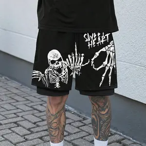 Men’s 2-in-1 fitness shorts — quick-dry mesh training shorts with compression lining, skull graphic print, drawstring design; suitable for running, basketball, casual streetwear.