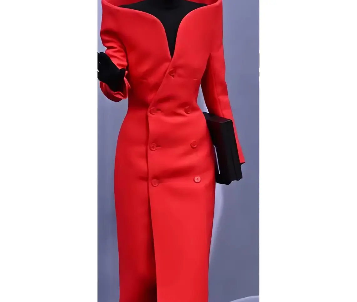 Audrey Couture Red Double-Breasted Coat Red Structured Coat with Exaggerated High Stiff Neck Double Breasted Design for Bold Style