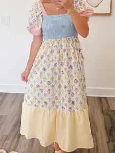 Floral Print Striped Color Block Patchwork Square Neck Shirred Long Dress,  Perfect for Both Easter Gatherings and Casual Spring Outings.