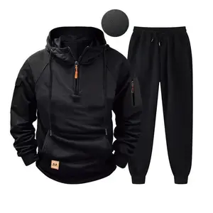 Men's sports suit, autumn and winter velvet zipper sweatshirt, fashionable and personalized casual sweatpants+hoodie 2-piece set Clothes Black Menswear Long Sleeve Beige