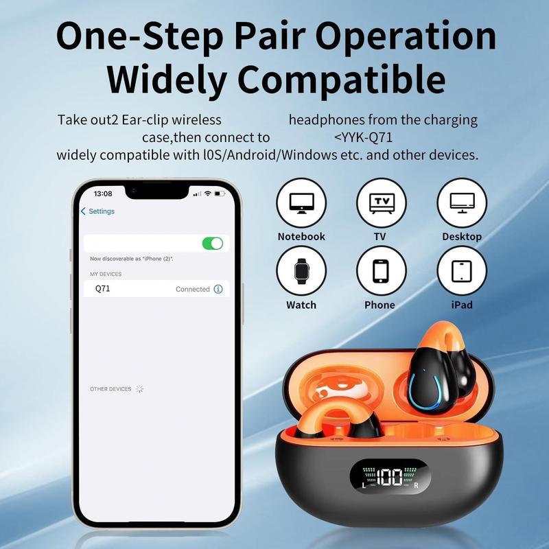 Q71 Open Ear Clip Wireless Earbuds Bluetooth 5.3, Sports Earphones Built-in Microphone with Earhooks & Ear Hook, Wireless Charging Case & Display, Waterproof Fitness Headphones for Exercise Sturdy Noise Free Chargeable
