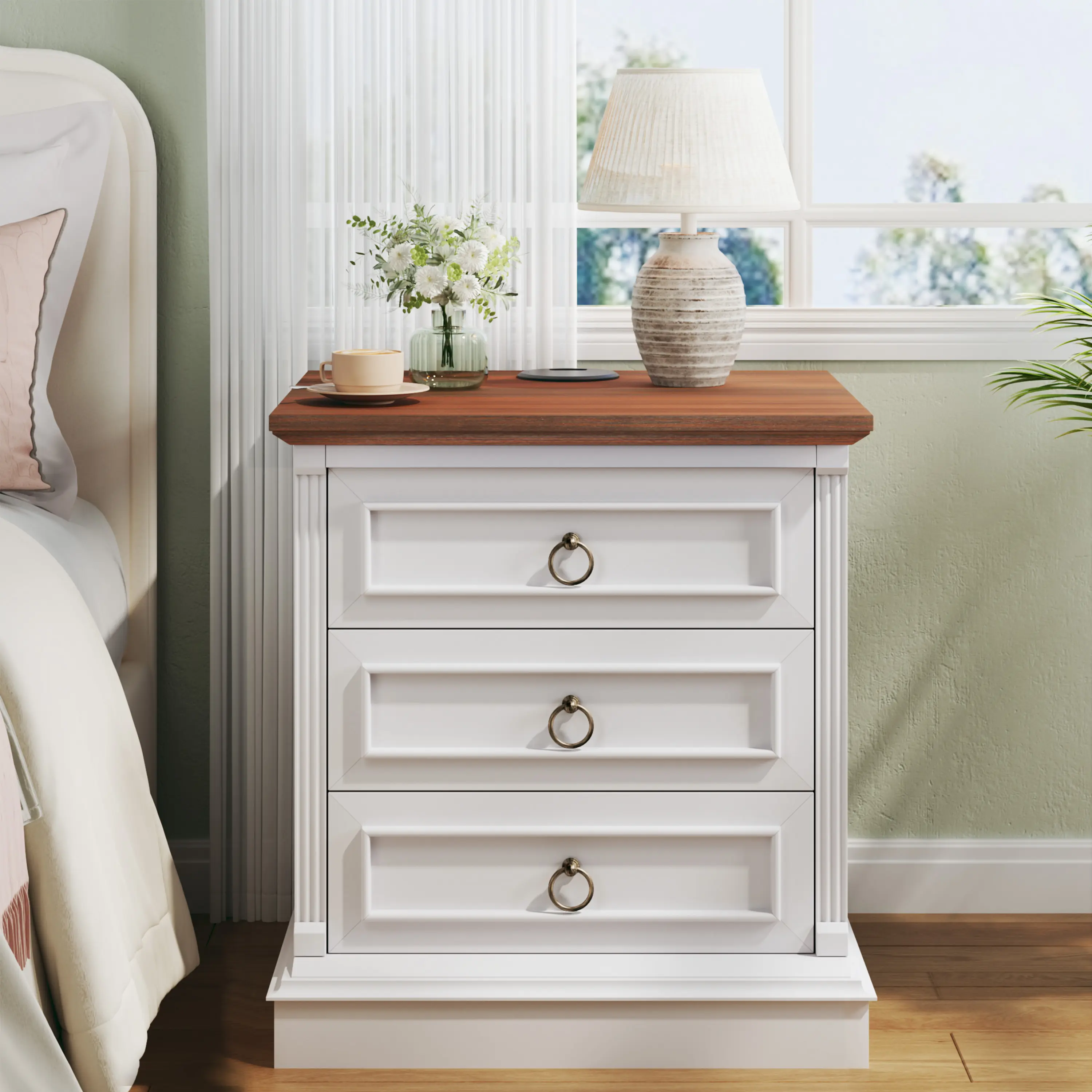 【Summergarden】Farmhouse Nightstand with 3 Drawer, 22" Wide Side Table with Roman Columns, Bedside Table with Wireless Charging Station, Rustic Large End Table for Bedroom, White