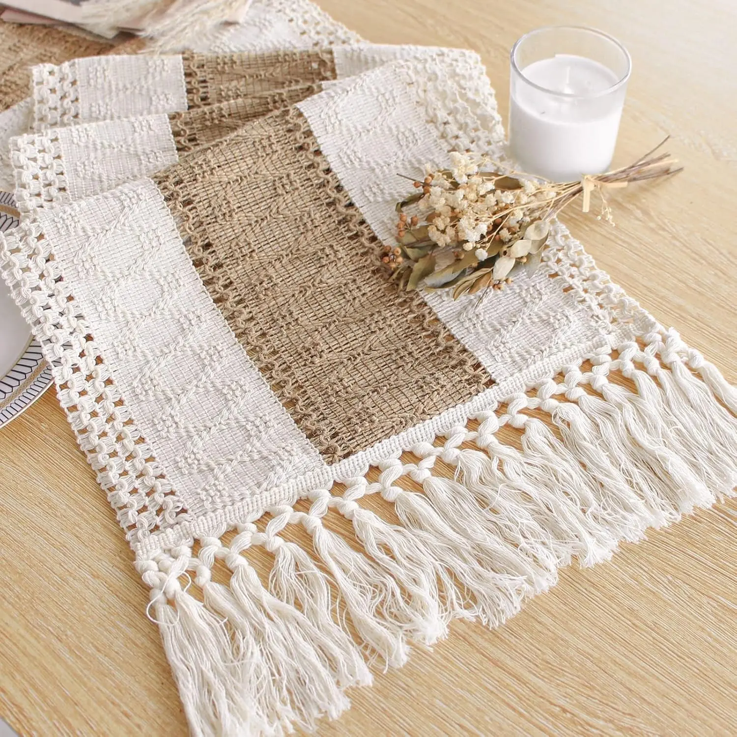 Table Runner for Thanksgiving Fall Christmas Home Decor with Tassels 72 Inches Long Pottery barn Furniture Farmhouse Rustic Macrame Burlap Table Decoration for Living Room (12x72 Inches)