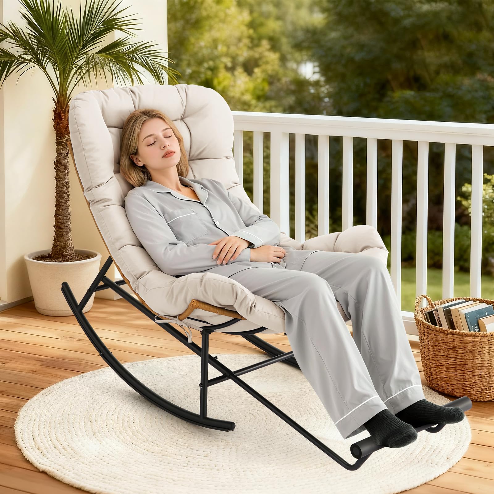 2PCS Papasan Rocking Chair Set with Foot Rest - Oversized Lounge Chairs with Thick Removable Cushion & Metal Frame for Patio,Porch,Garden,Living Room