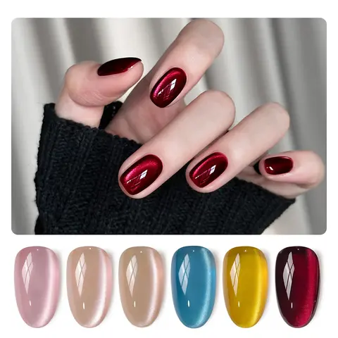 GAOY Red Cat Eye Gel Nail Polish Kit, 6 Colors, Dream World | Blue Nude Pink Colors, Magnetic Glitter Glassy Holographic Gel Nail Polish Set, UV/LED Cure Required, DIY Manicure at Home