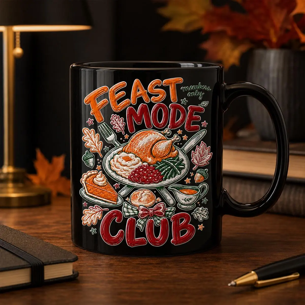 3D EFFECT Thanksgiving Feast Mug, Feast Mode Club Turkey Dinner Coffee Cup Funny Fall Holiday Gift for Food Lovers Family and Friends
