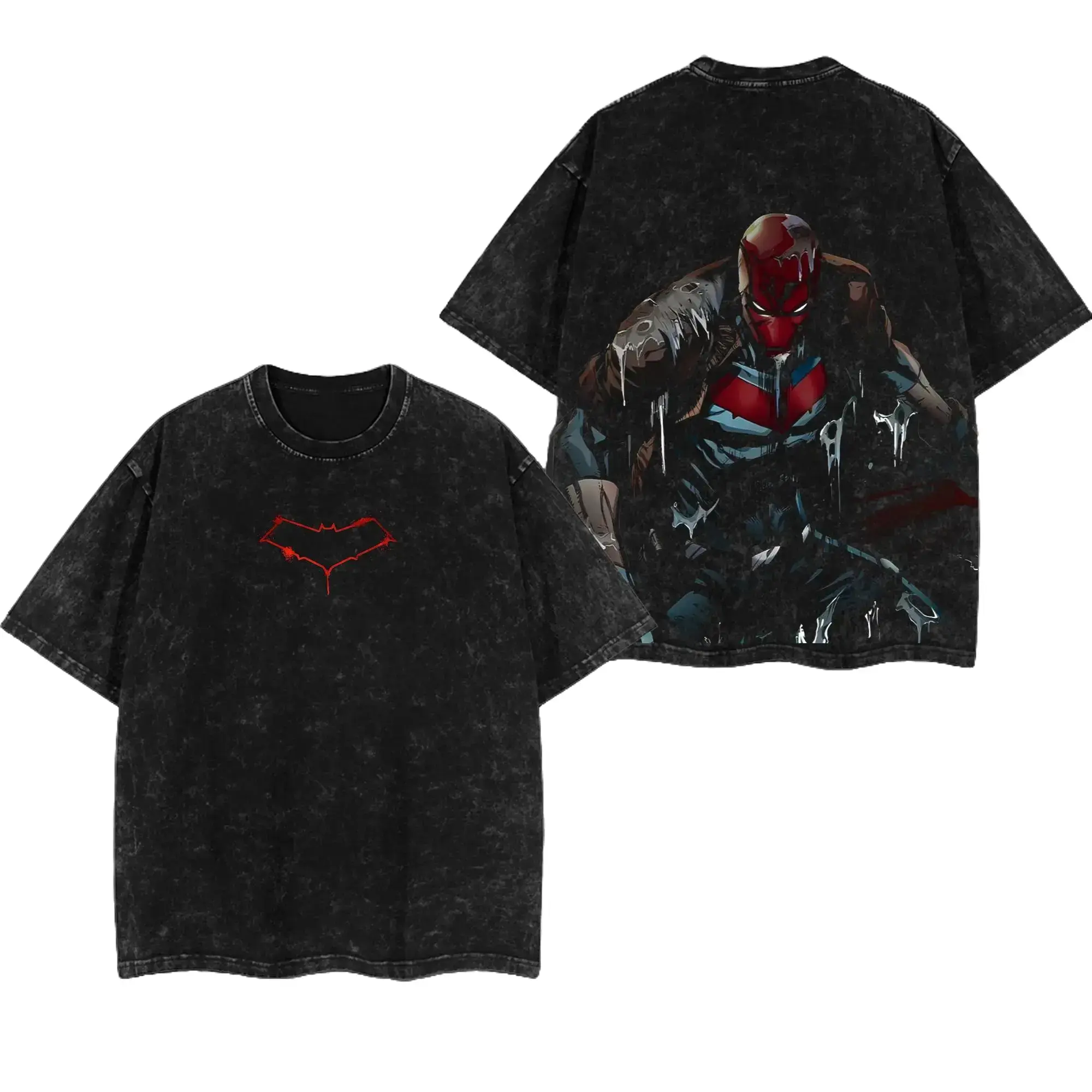 Oversized Streetwear Graphic Tee for Men, Acid Washed Cotton Apparel with Classic Comic Print, Shortsleeve Male Clothing, Seamless, Menswear