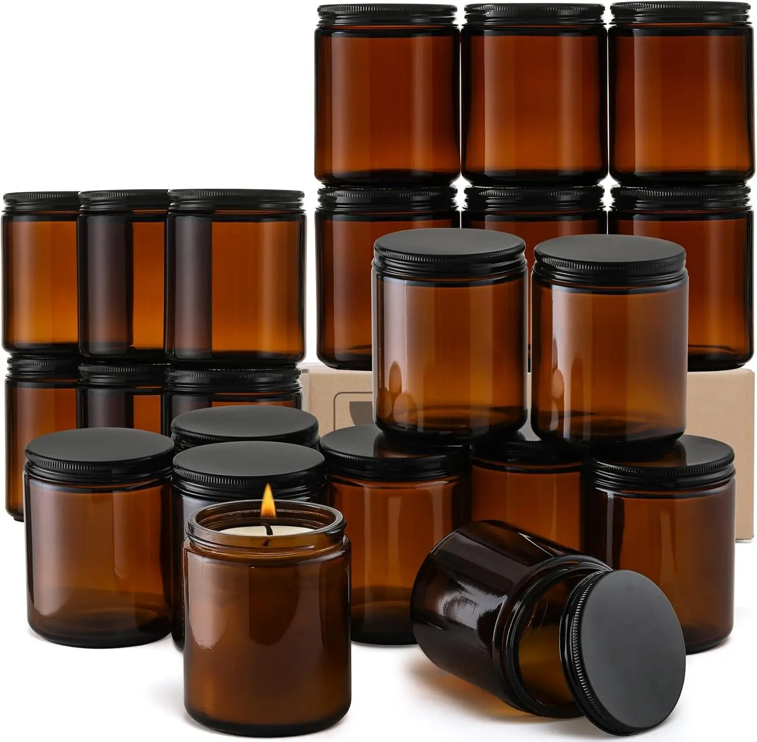 24 Pack, 8 OZ Thick Amber Candle Jars for Making Candle - Round Glass Jars with Lids - Empty Food Storage Containers, Canning/Mason Jar For Spice, Powder, Liquid, Sample - Leakproof & Food Grade