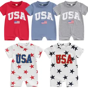 4th of July Baby Boy Girl Clothes USA Fuzzy Letter Short Sleeve Romper Jumpsuit Infant Summer Independence Clothes