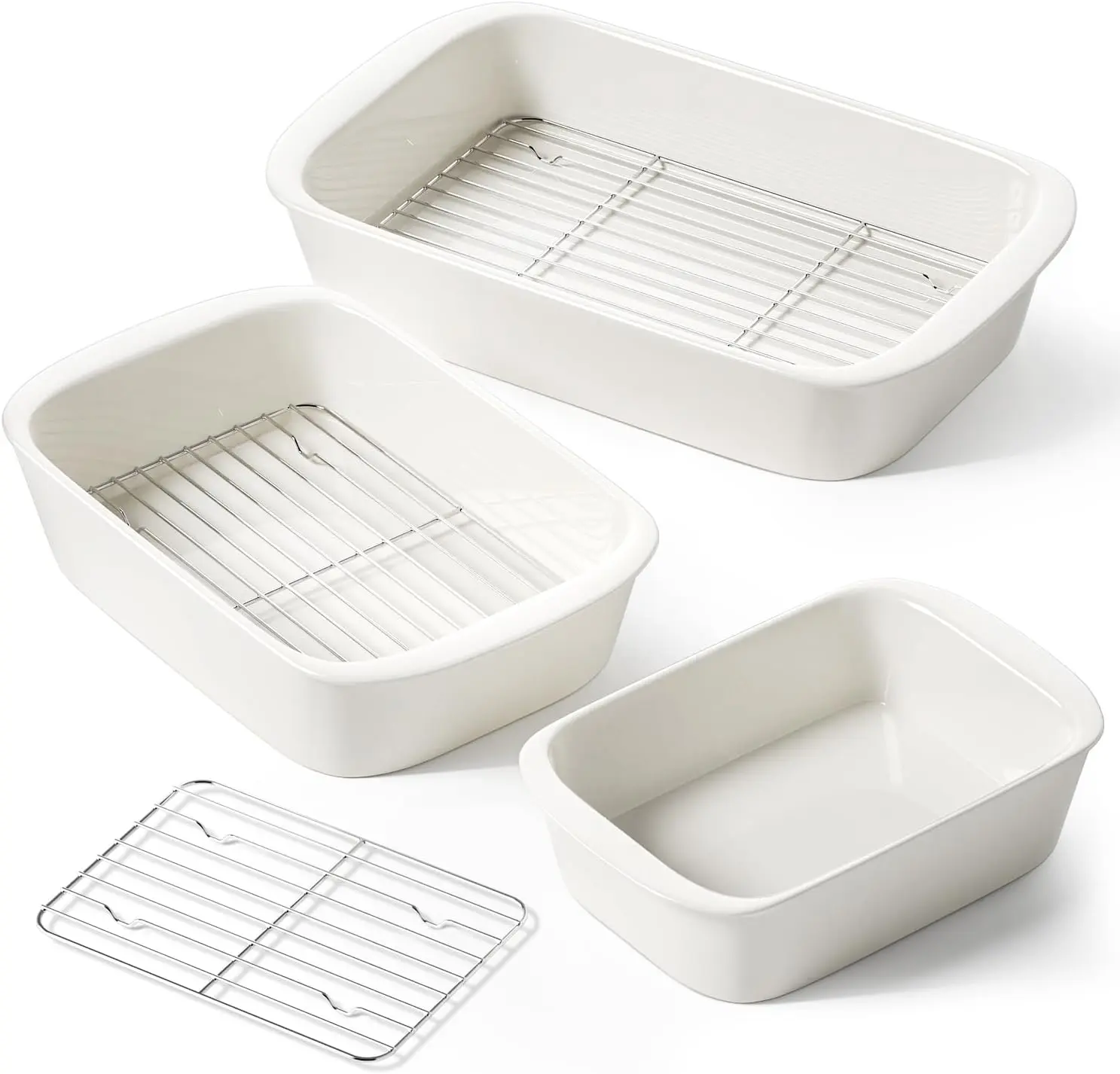 LE TAUCI Ceramic Deep Casserole Dish Set - 13.7”x9.6” Rectangular Oven Bakeware with Roasting Racks, Large Lasagna Pans with Handles, Kitchen Baking Trays
