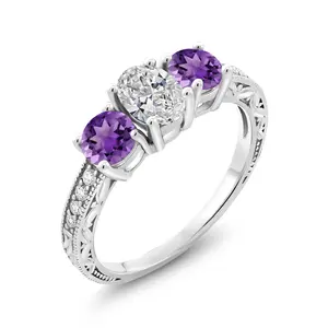 Gem Stone King 10K White Gold IGI Certified Lab Grown Diamond and Purple Amethyst 3 Stone Engagement Ring For Women | 2.03 Cttw | Center Diamond Oval 1 Ct | D-E Color | VS1-VS2 Clarity