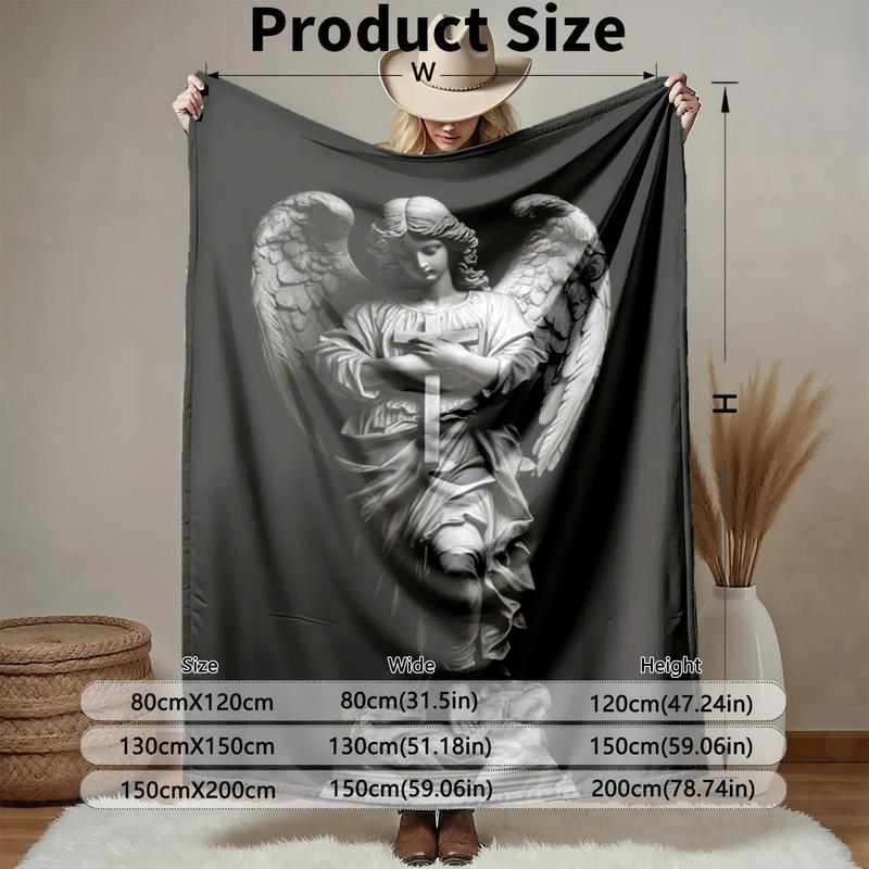 1 piece Holy angel statue holding a cross themed flannel blanket - Oversized fluffy flannel sofa blanket, suitable for beds and sofas, modern design, all-season use, digitally printed pattern, 100% polyester material, machine washable, suitable for