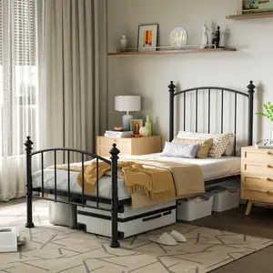 High Bed Frame Twin Size Metal Platform Bed Frame, Victorian Wrought Iron-Art Design, Mattress Foundation with Headboard & Footboard, Under Bed Storage, No Box Spring Needed, Black Sturdy Iron Construction
