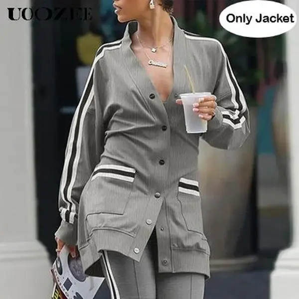 UOOZEE 2025 Women's Slim Polyester Thick Striped V-Neck Fitted Raglan Colorblock Coat - Long-Sleeve Casual Snap-Button Sportswear with Pockets, Thick Fabric Feels Cozy Spring Outfits Clothes (Only Top; 1 Size Up for C-Cup+)