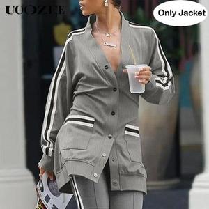 UOOZEE 2025 Women's Slim Polyester Thick Striped V-Neck Fitted Raglan Color Block Outerwear - Long-Sleeve Casual Sports Jacket with Pockets, Buttons, Outfits (Only Top; 1 Size Up for C-Cup+, Spring Fashion)